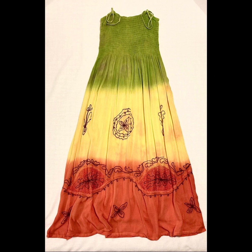 VINTAGE 70s Tie Dye Embroidered Ruched Maxi Dress Made in India
